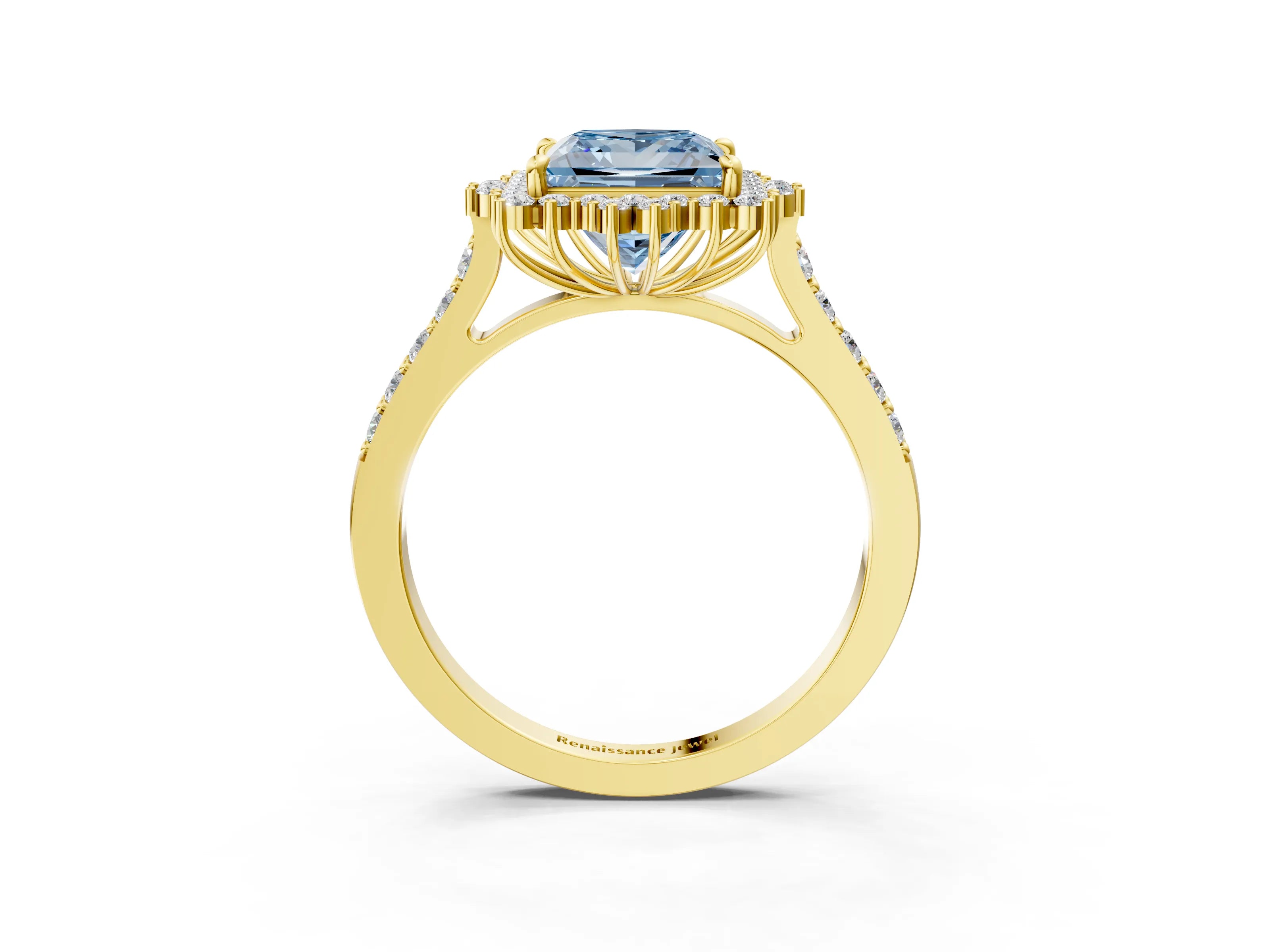 Yellow gold Fancy Blue Princess Cut Cut Diamond Sunburst Halo Engagement Ring with Pavé Band_3