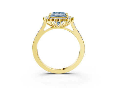 Yellow gold Fancy Blue Princess Cut Cut Diamond Sunburst Halo Engagement Ring with Pavé Band_3
