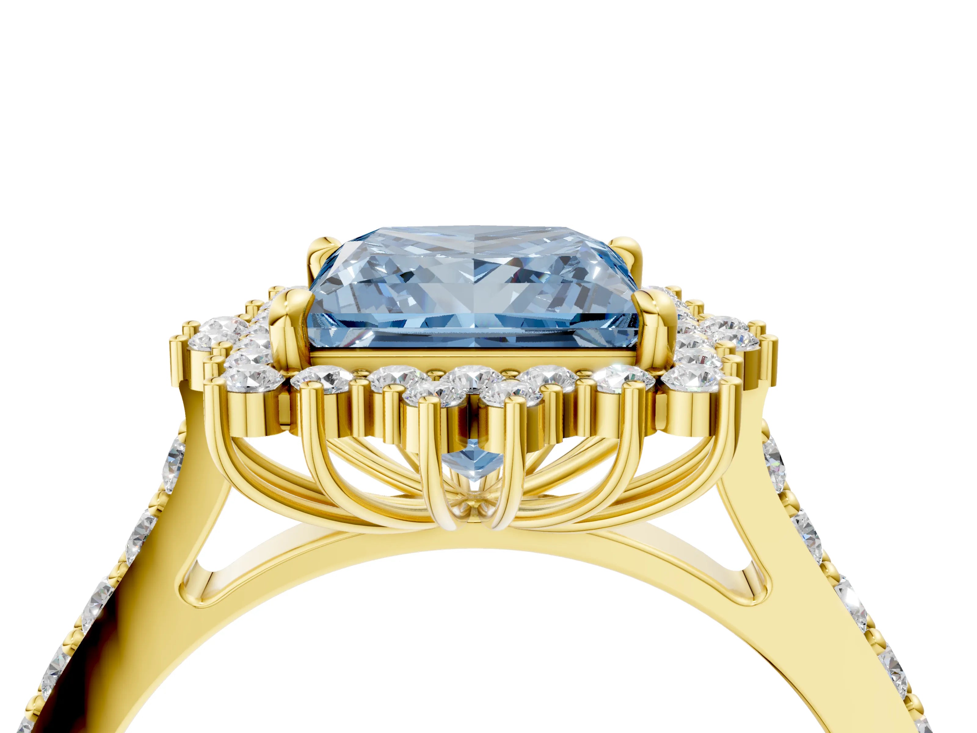 Yellow gold Fancy Blue Princess Cut Cut Diamond Sunburst Halo Engagement Ring with Pavé Band_4
