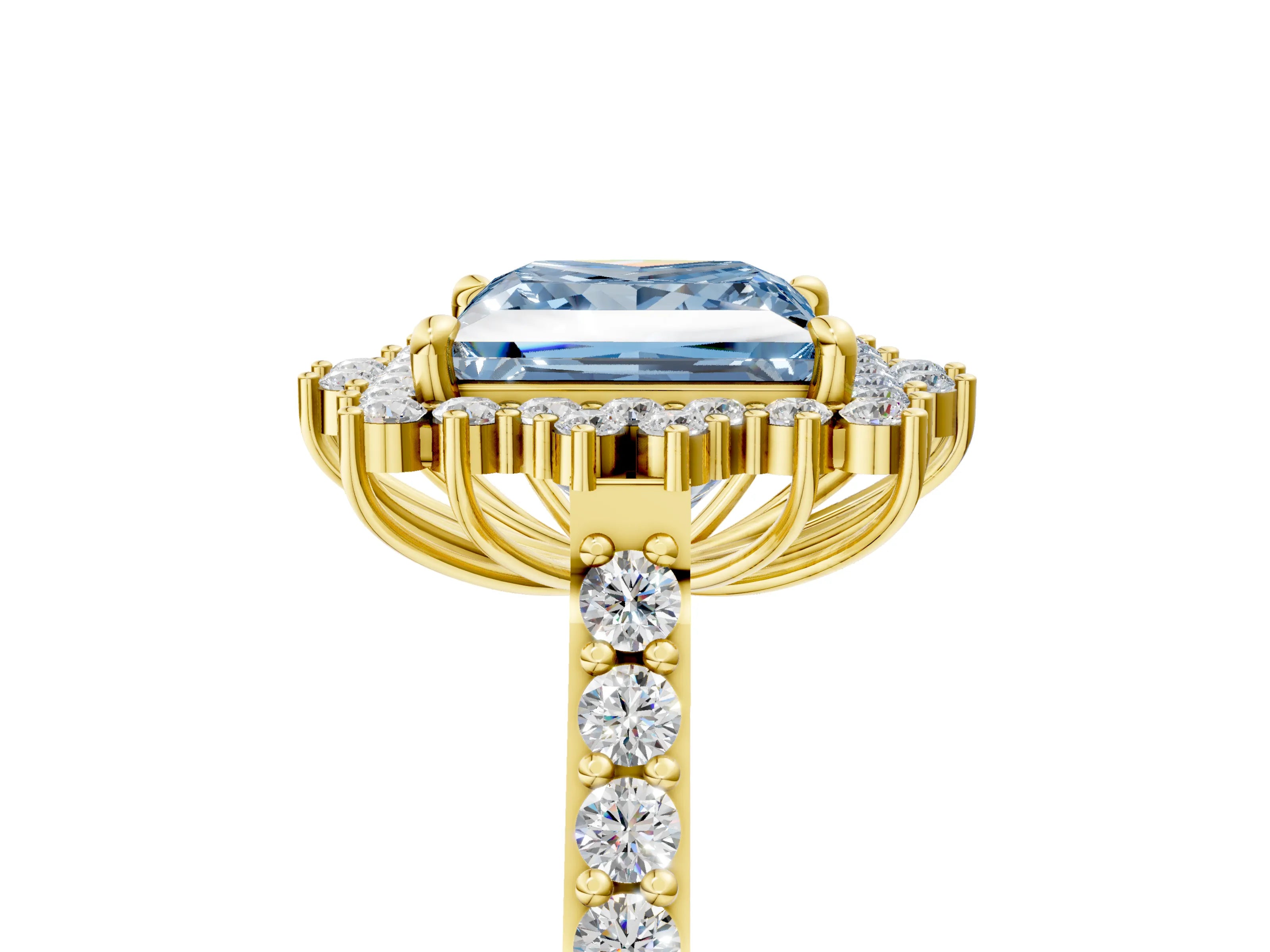 Yellow gold Fancy Blue Princess Cut Cut Diamond Sunburst Halo Engagement Ring with Pavé Band_5