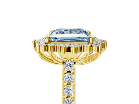 Yellow gold Fancy Blue Princess Cut Cut Diamond Sunburst Halo Engagement Ring with Pavé Band_5