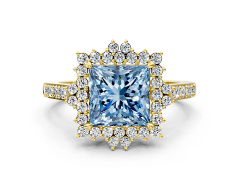 Yellow gold Fancy Blue Princess Cut Cut Diamond Sunburst Halo Engagement Ring with Pavé Band