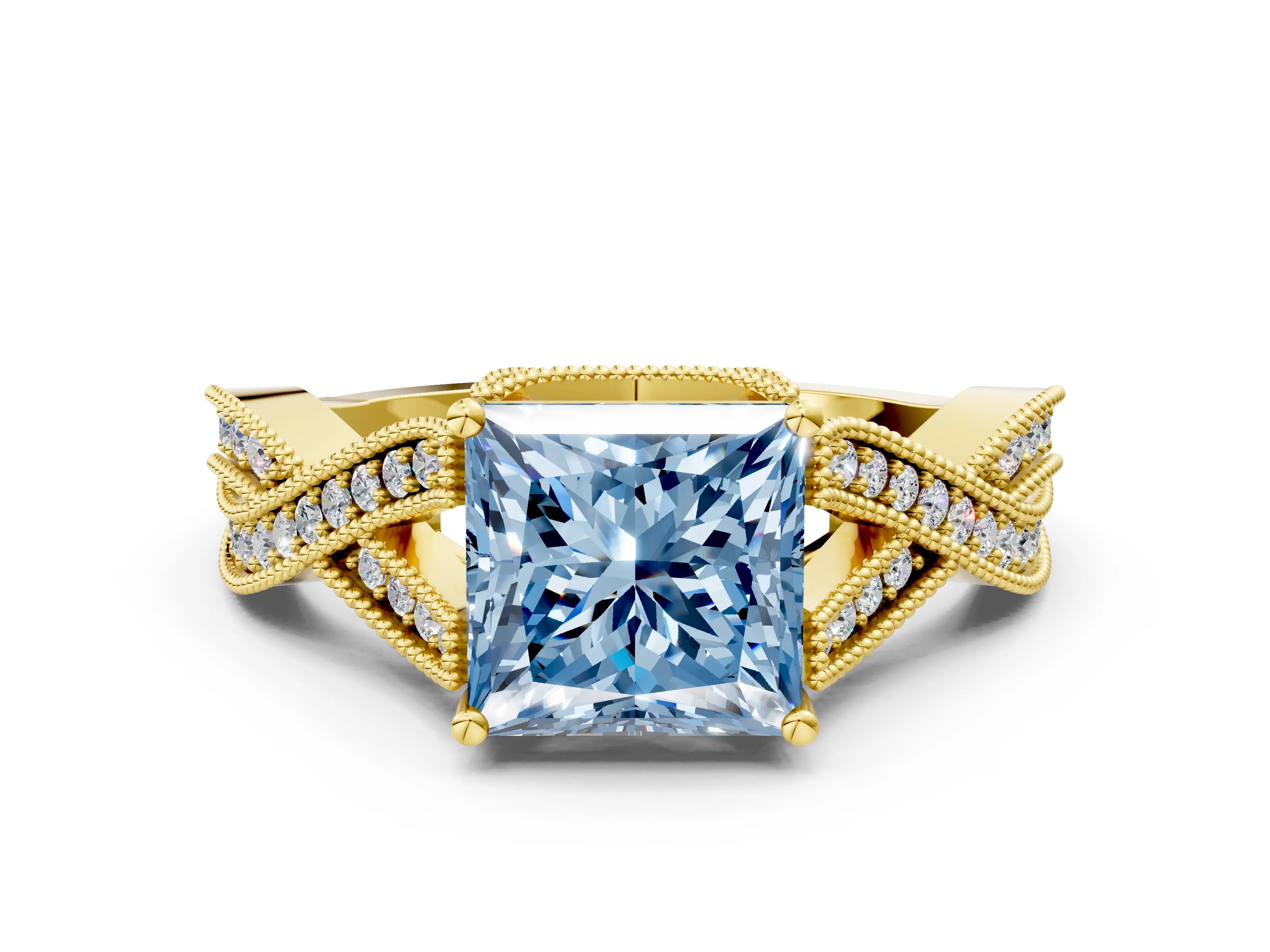 Yellow gold Fancy Blue Princess Cut Cut Diamond Twisted Band with Milgrain Pave Setting and Four-Prong Setting