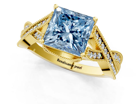 Yellow gold Fancy Blue Princess Cut Cut Diamond Twisted Band with Milgrain Pave Setting and Four-Prong Setting_1