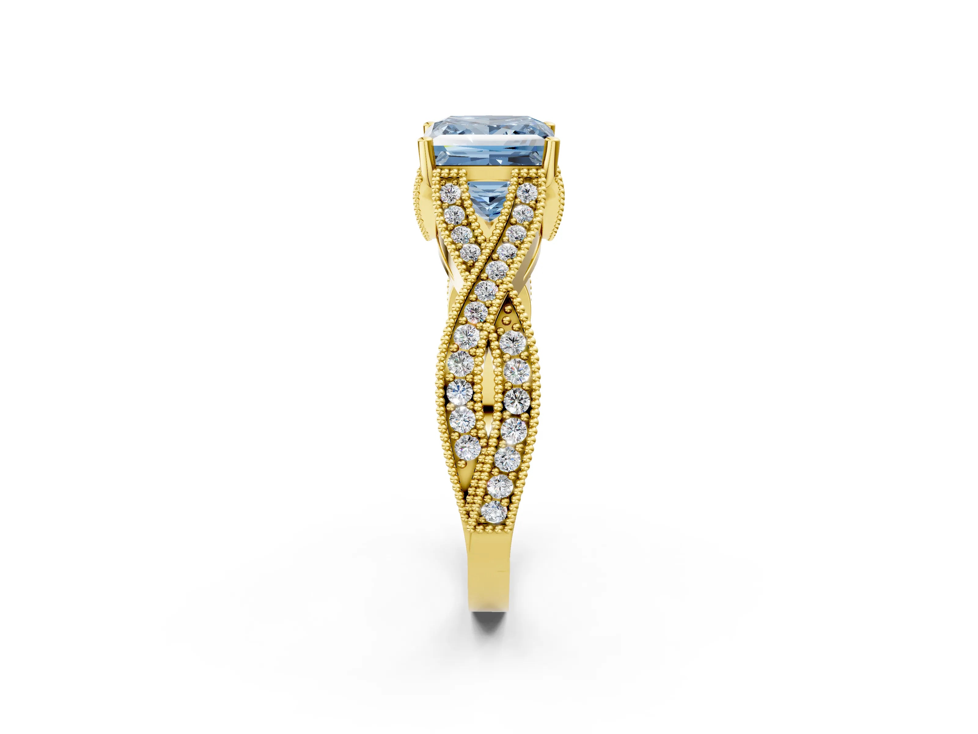 Yellow gold Fancy Blue Princess Cut Cut Diamond Twisted Band with Milgrain Pave Setting and Four-Prong Setting_2