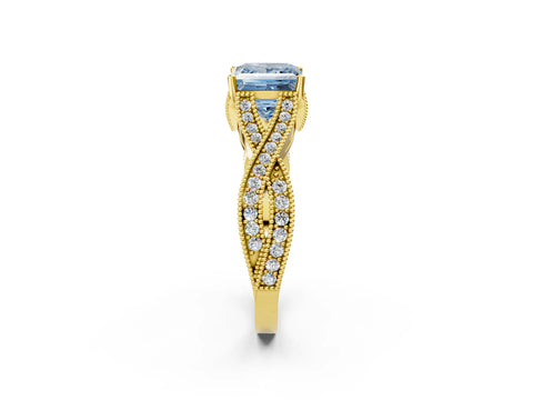 Yellow gold Fancy Blue Princess Cut Cut Diamond Twisted Band with Milgrain Pave Setting and Four-Prong Setting_2