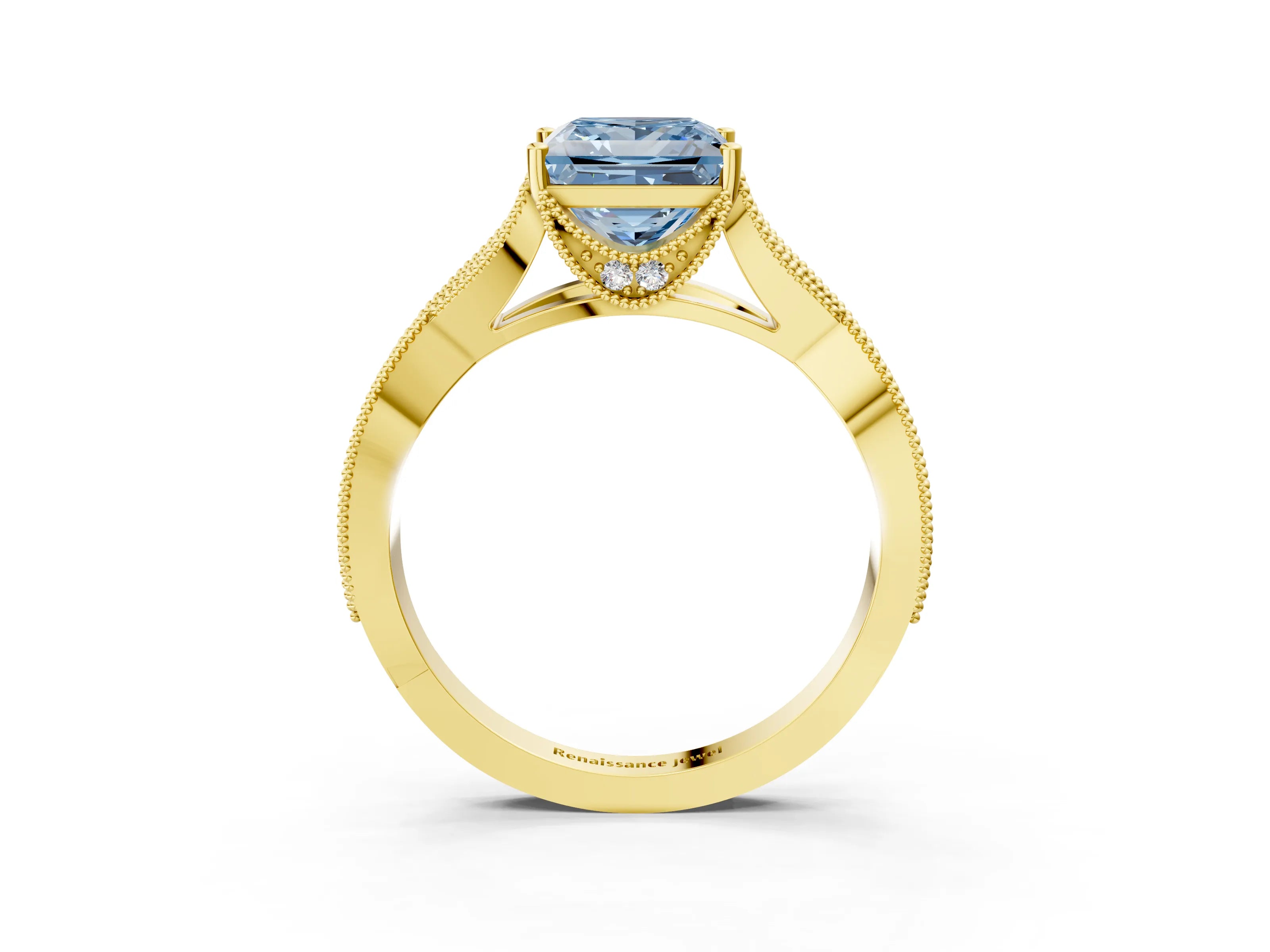 Yellow gold Fancy Blue Princess Cut Cut Diamond Twisted Band with Milgrain Pave Setting and Four-Prong Setting_3