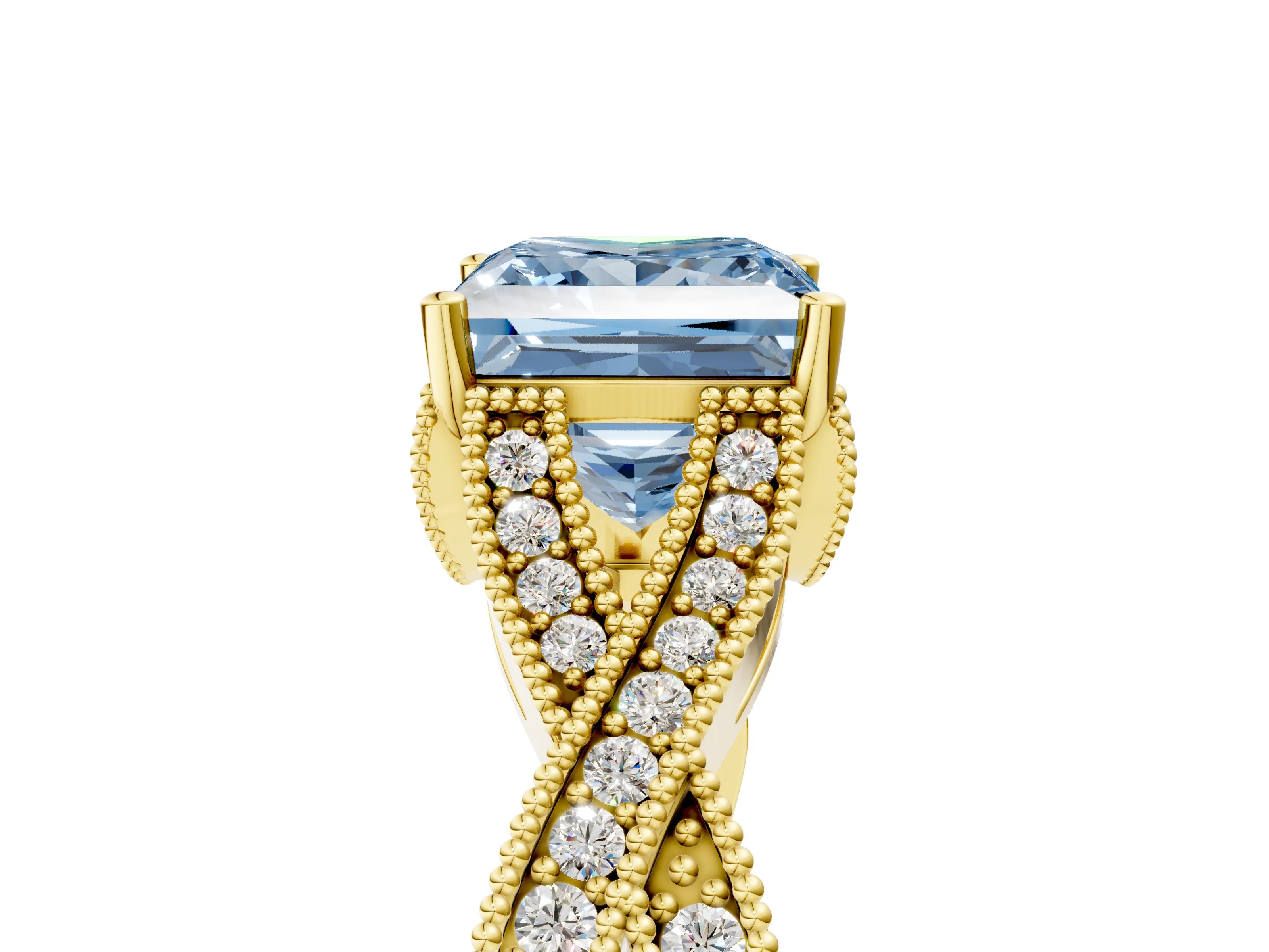 Yellow gold Fancy Blue Princess Cut Cut Diamond Twisted Band with Milgrain Pave Setting and Four-Prong Setting_5