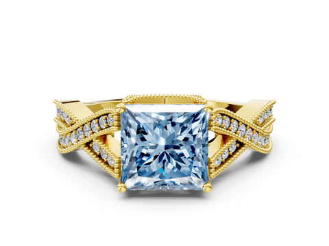 Yellow gold Fancy Blue Princess Cut Cut Diamond Twisted Band with Milgrain Pave Setting and Four-Prong Setting