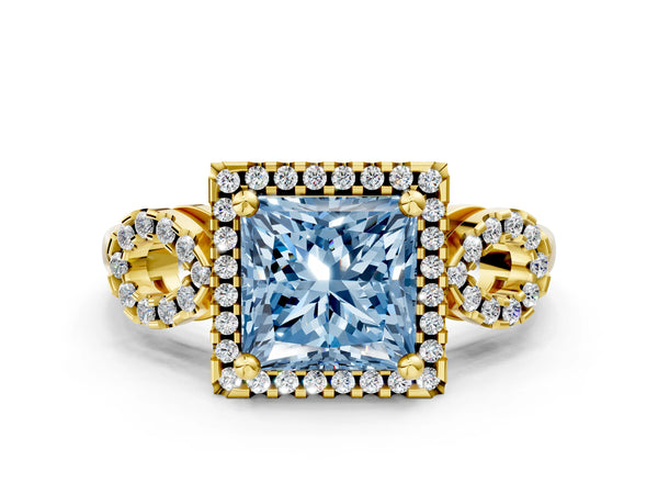 Yellow Gold Princess Cut Pave Infinity Halo Engagement Ring Setting for Fancy Blue Center