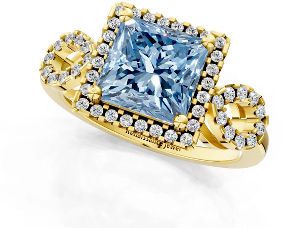 Yellow Gold Princess Cut Pave Infinity Halo Engagement Ring Setting for Fancy Blue Center