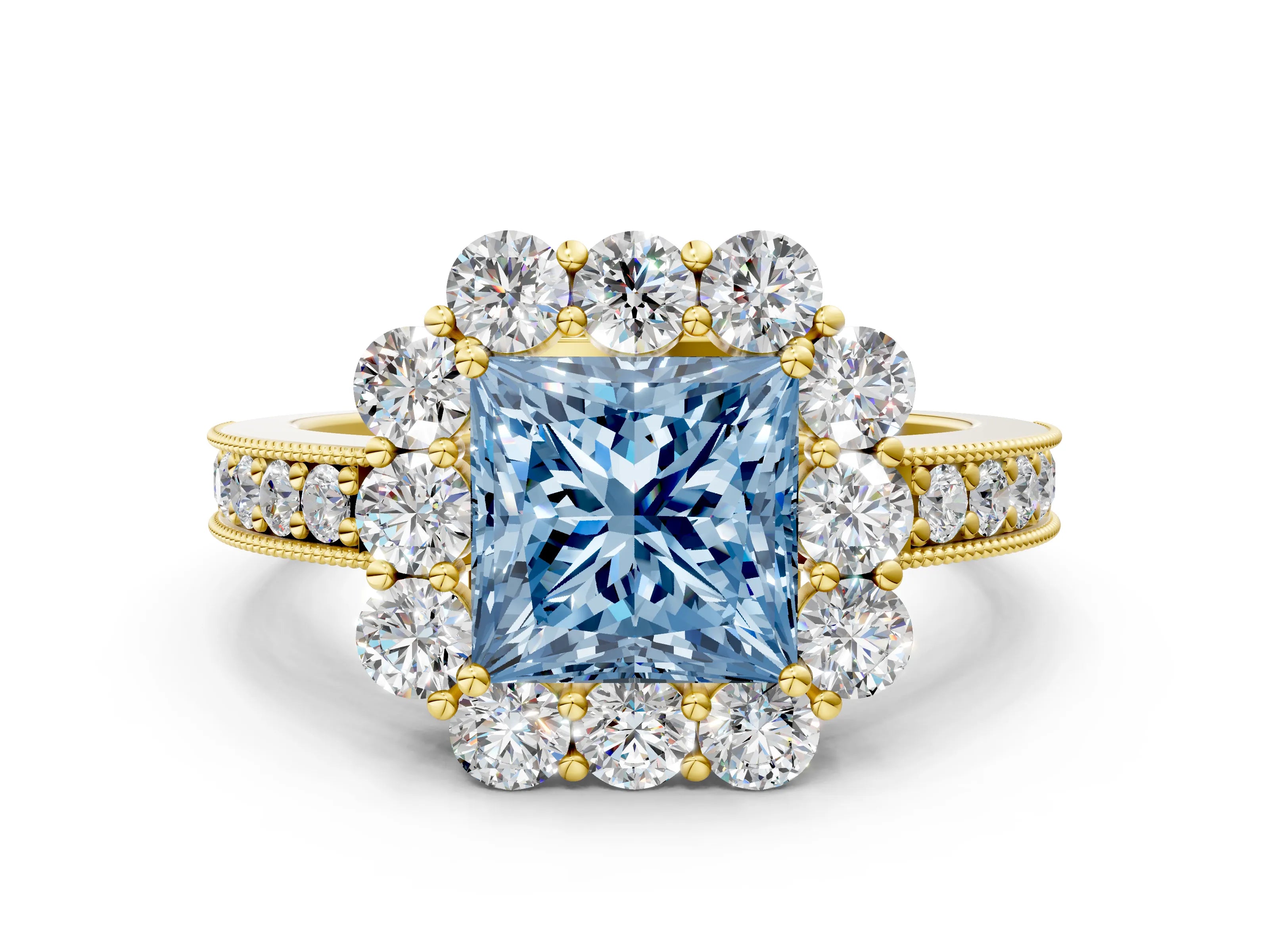 Yellow gold Fancy Blue Princess Cut Cut Halo Diamond Pavé Engagement Ring with Milgrain Detailing