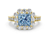 Yellow gold Fancy Blue Princess Cut Cut Halo Diamond Pavé Engagement Ring with Milgrain Detailing