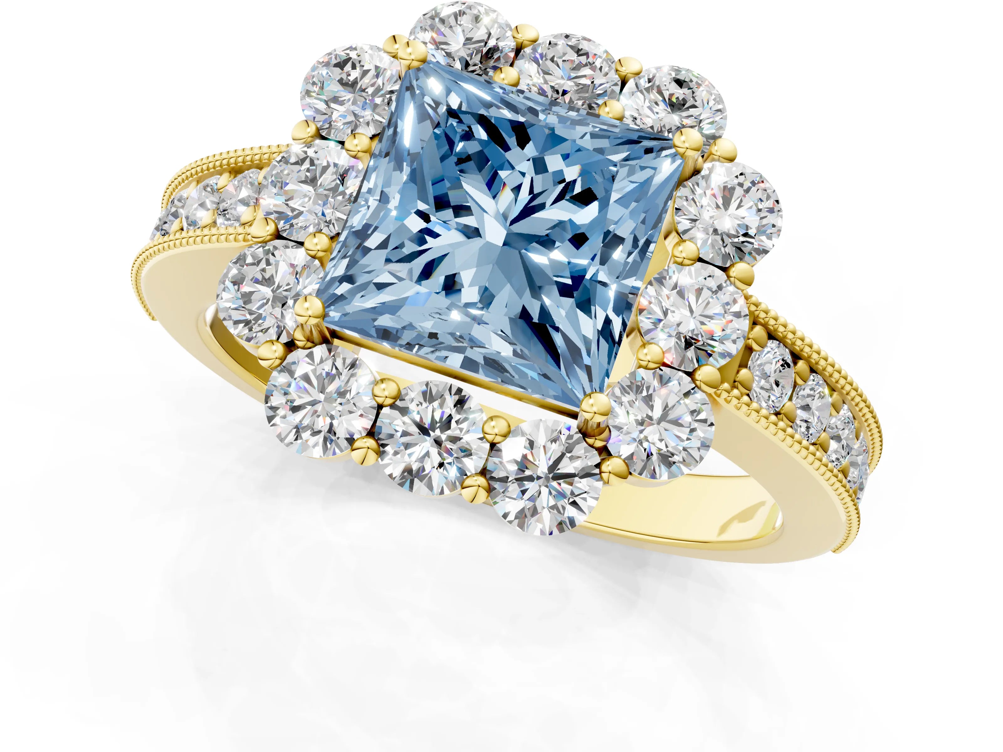 Yellow gold Fancy Blue Princess Cut Cut Halo Diamond Pavé Engagement Ring with Milgrain Detailing_1