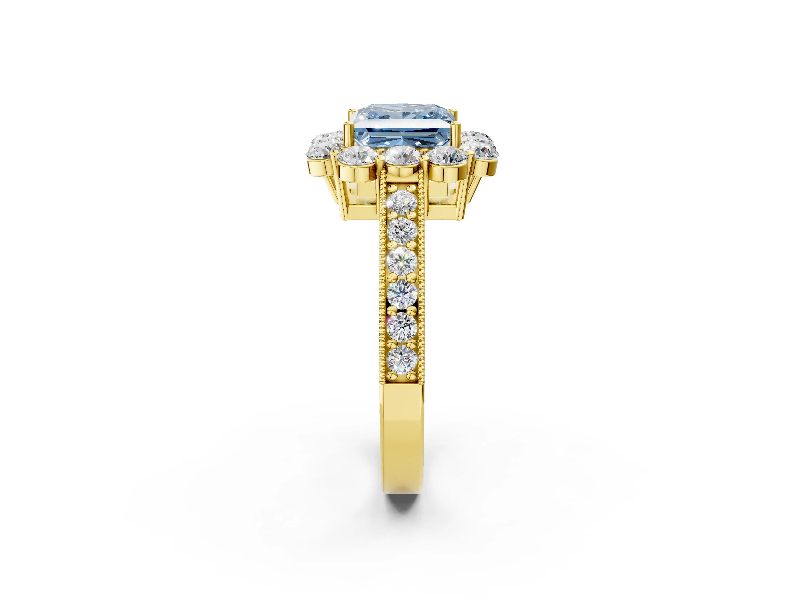 Yellow gold Fancy Blue Princess Cut Cut Halo Diamond Pavé Engagement Ring with Milgrain Detailing_2