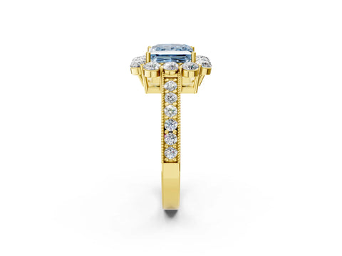 Yellow gold Fancy Blue Princess Cut Cut Halo Diamond Pavé Engagement Ring with Milgrain Detailing_2