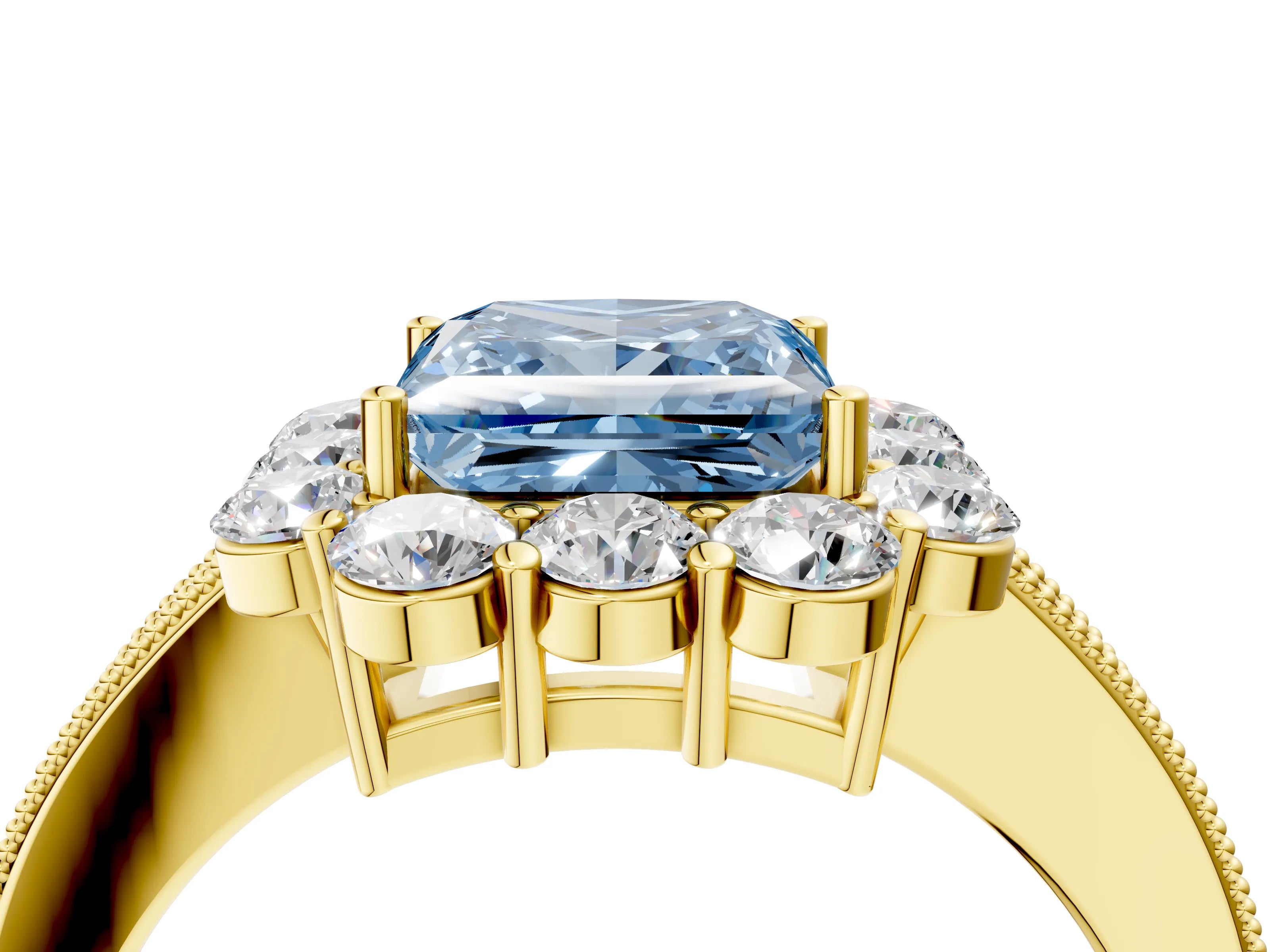 Yellow gold Fancy Blue Princess Cut Cut Halo Diamond Pavé Engagement Ring with Milgrain Detailing_4
