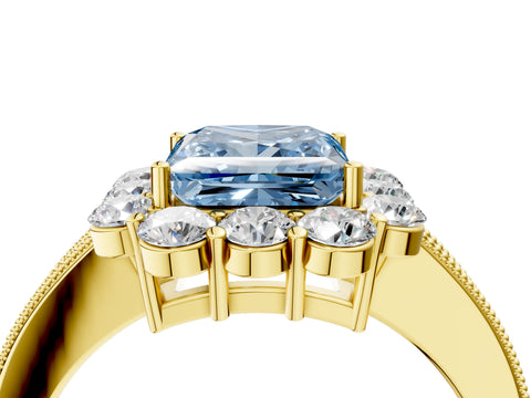 Yellow gold Fancy Blue Princess Cut Cut Halo Diamond Pavé Engagement Ring with Milgrain Detailing_4