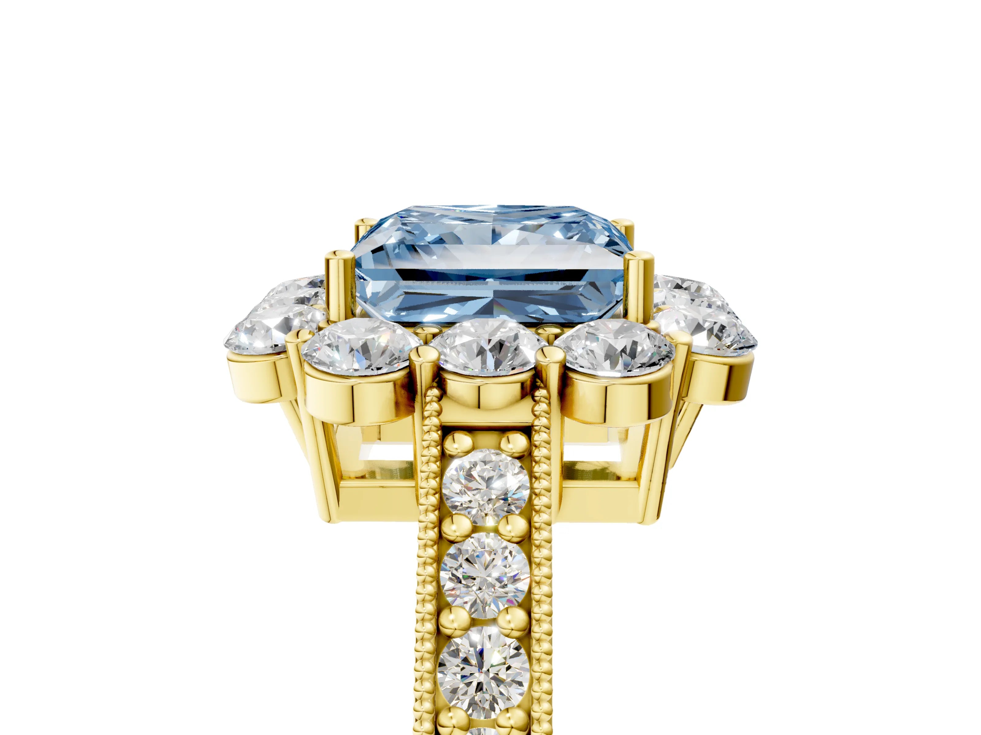 Yellow gold Fancy Blue Princess Cut Cut Halo Diamond Pavé Engagement Ring with Milgrain Detailing_5