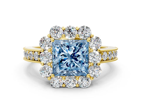 Yellow gold Fancy Blue Princess Cut Cut Halo Diamond Pavé Engagement Ring with Milgrain Detailing