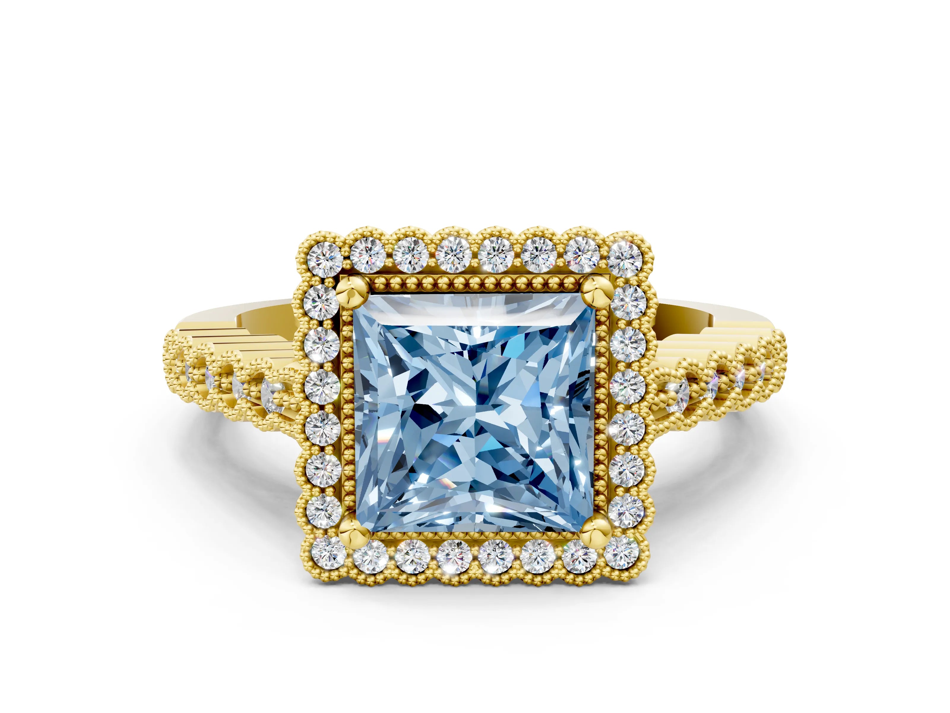 Yellow gold Fancy Blue Princess Cut Cut Halo Pavé Solitaire Ring with Milgrain Band