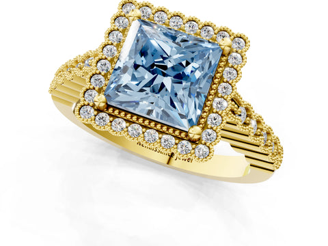 Yellow gold Fancy Blue Princess Cut Cut Halo Pavé Solitaire Ring with Milgrain Band_1