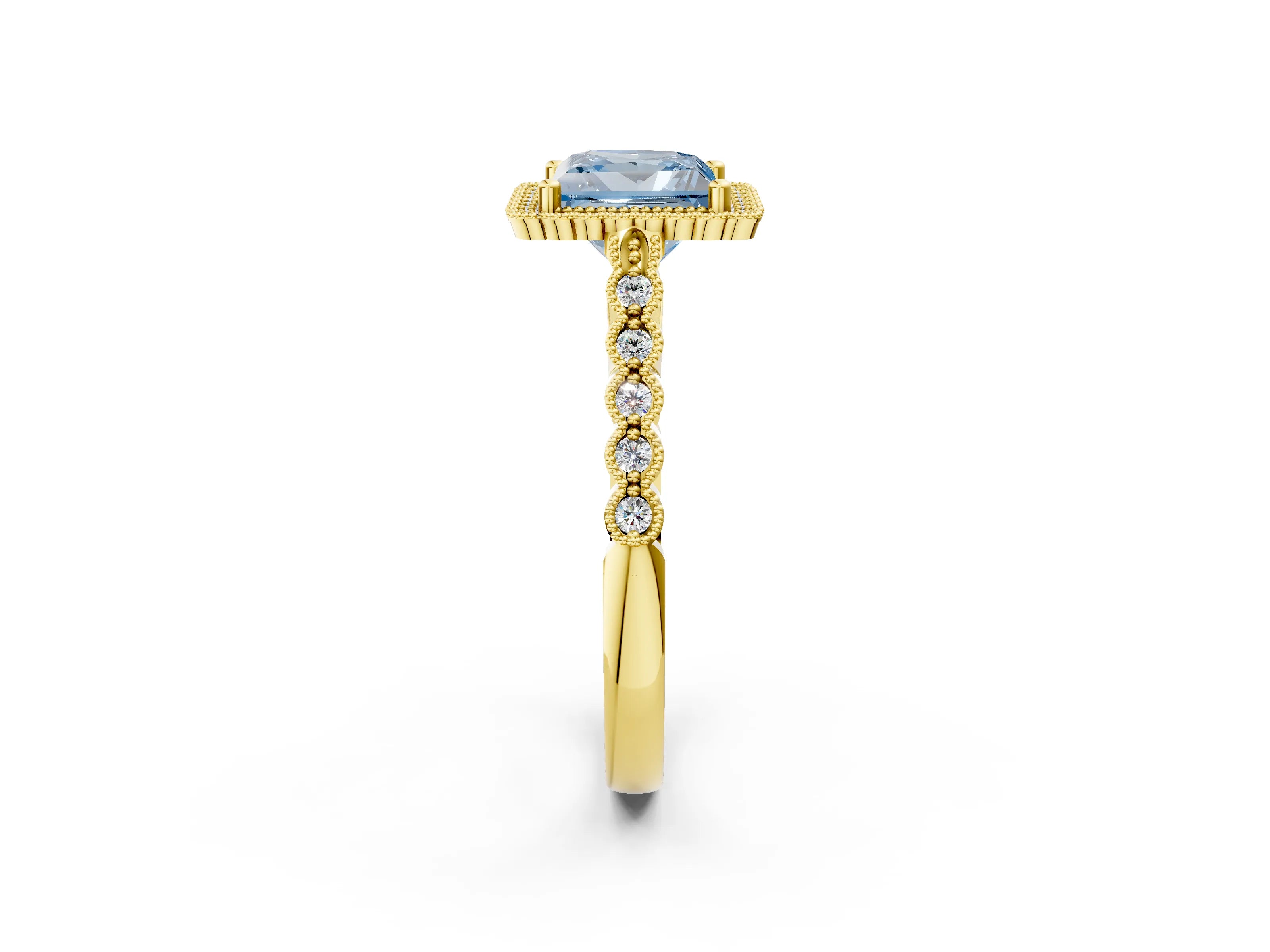 Yellow gold Fancy Blue Princess Cut Cut Halo Pavé Solitaire Ring with Milgrain Band_2