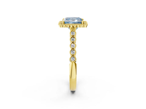 Yellow gold Fancy Blue Princess Cut Cut Halo Pavé Solitaire Ring with Milgrain Band_2