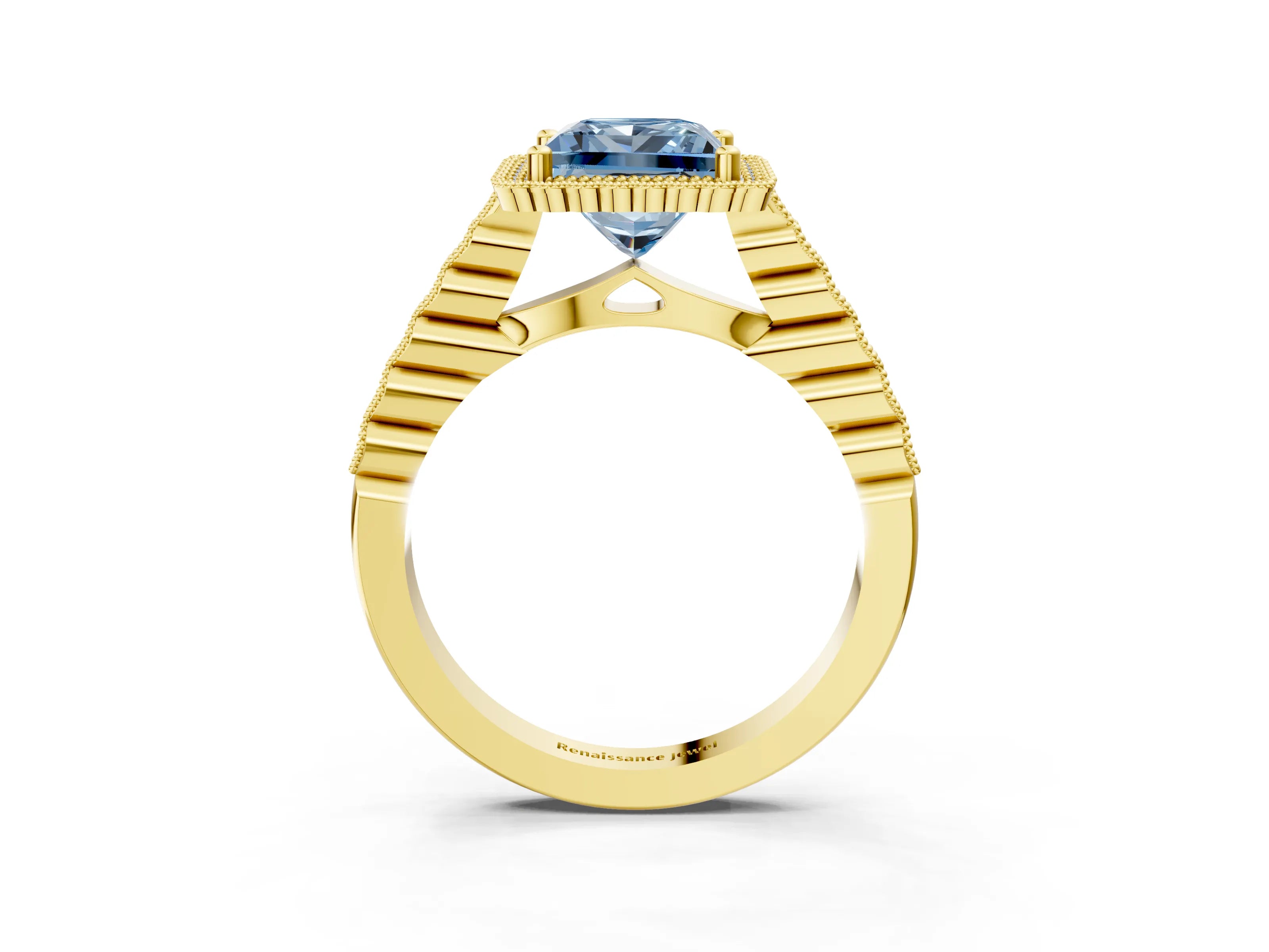 Yellow gold Fancy Blue Princess Cut Cut Halo Pavé Solitaire Ring with Milgrain Band_3