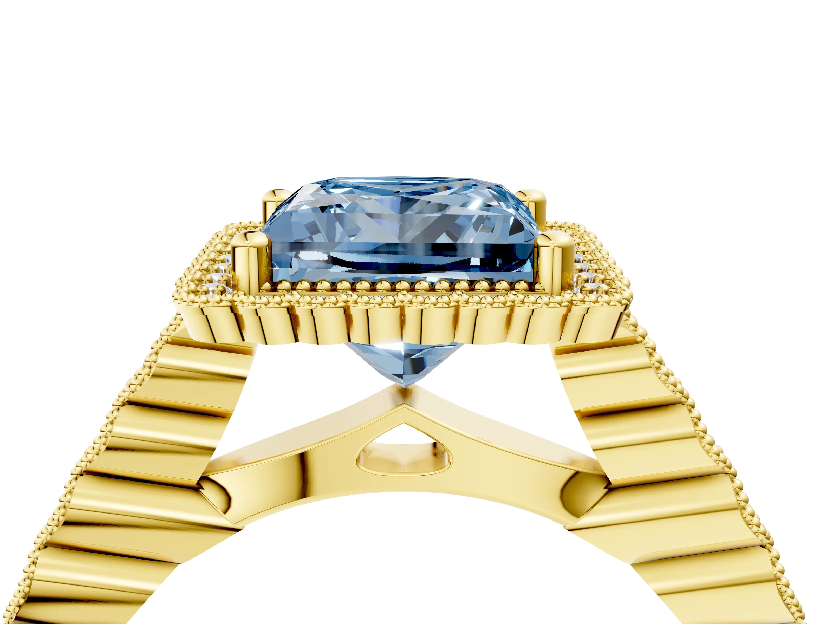 Yellow gold Fancy Blue Princess Cut Cut Halo Pavé Solitaire Ring with Milgrain Band_4