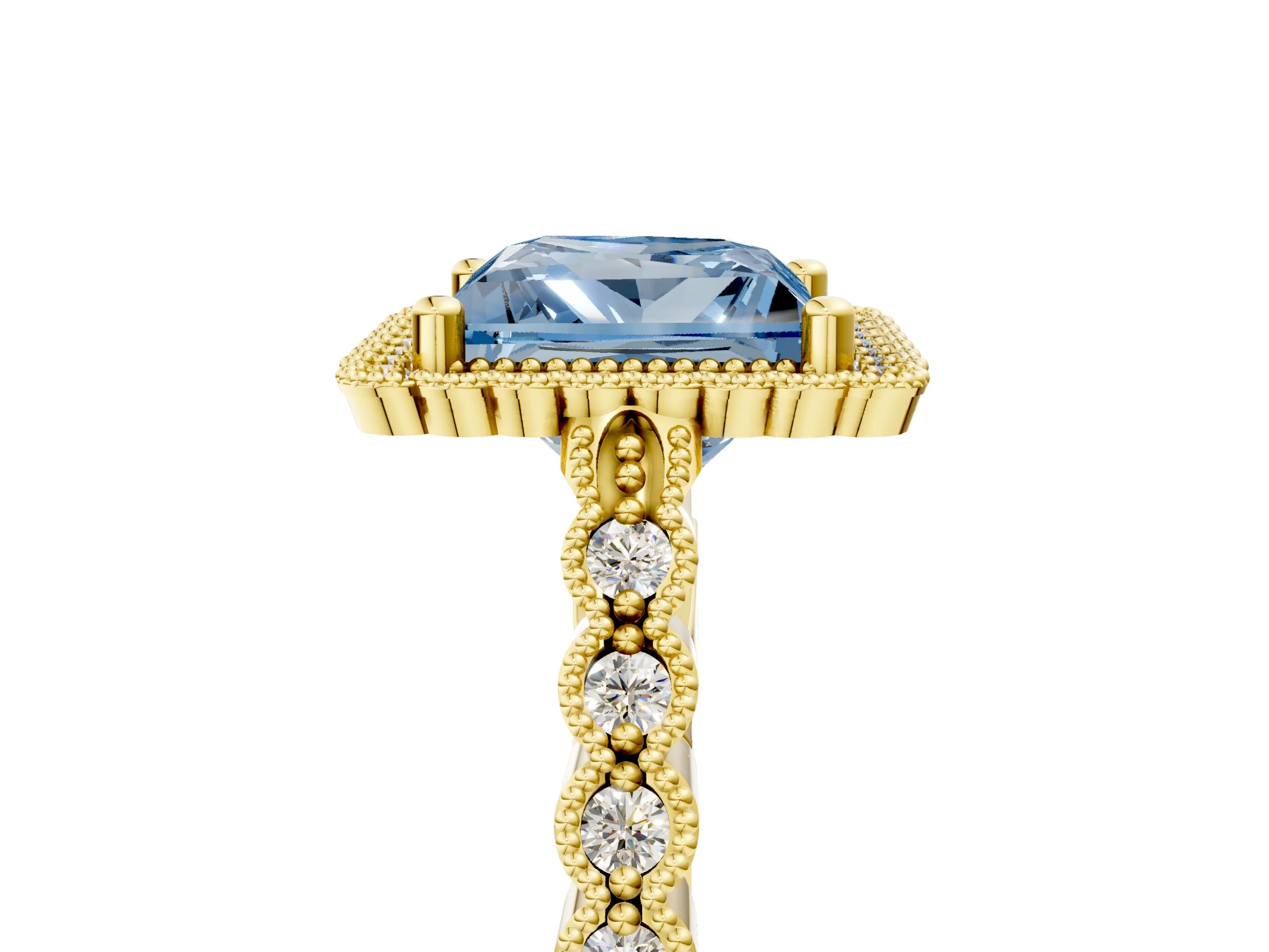 Yellow gold Fancy Blue Princess Cut Cut Halo Pavé Solitaire Ring with Milgrain Band_5