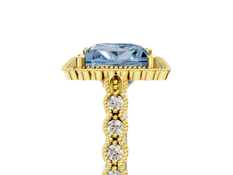 Yellow gold Fancy Blue Princess Cut Cut Halo Pavé Solitaire Ring with Milgrain Band_5