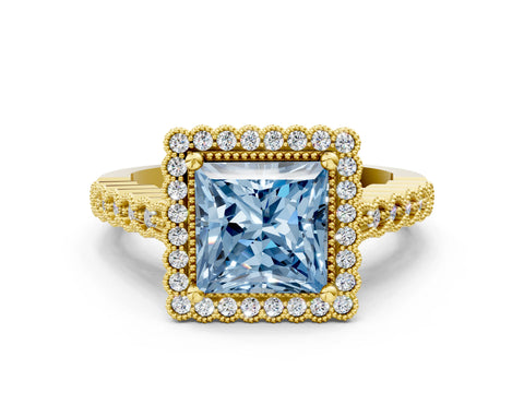 Yellow gold Fancy Blue Princess Cut Cut Halo Pavé Solitaire Ring with Milgrain Band