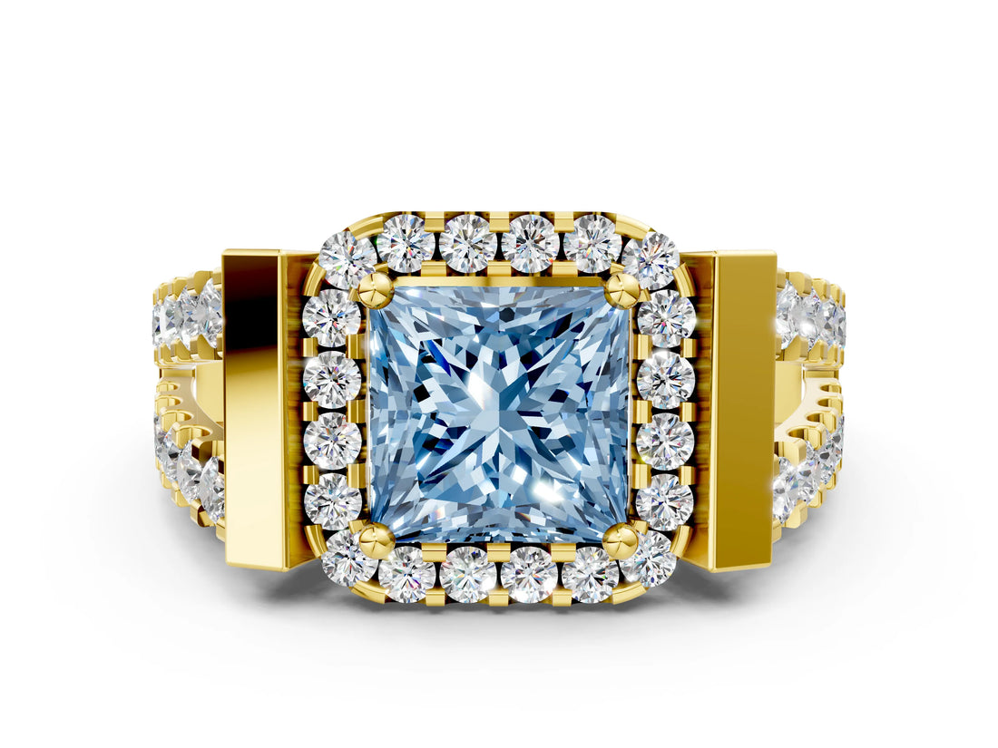 Yellow gold Fancy Blue Princess Cut Cut Halo Split Shank Prong Set Ring