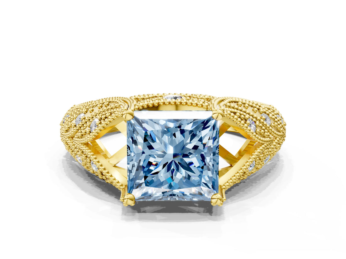 Yellow gold Fancy Blue Princess Cut Cut Milgrain Pave Diamond Engagement Ring with Four-Prong Setting_15