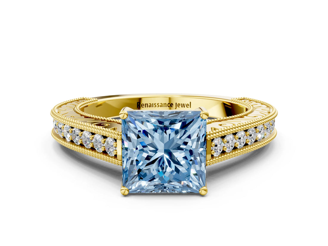 Yellow gold Fancy Blue Princess Cut Cut Pave Band Milgrain Solitaire Ring