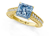 Yellow gold Fancy Blue Princess Cut Cut Pave Band Milgrain Solitaire Ring_1