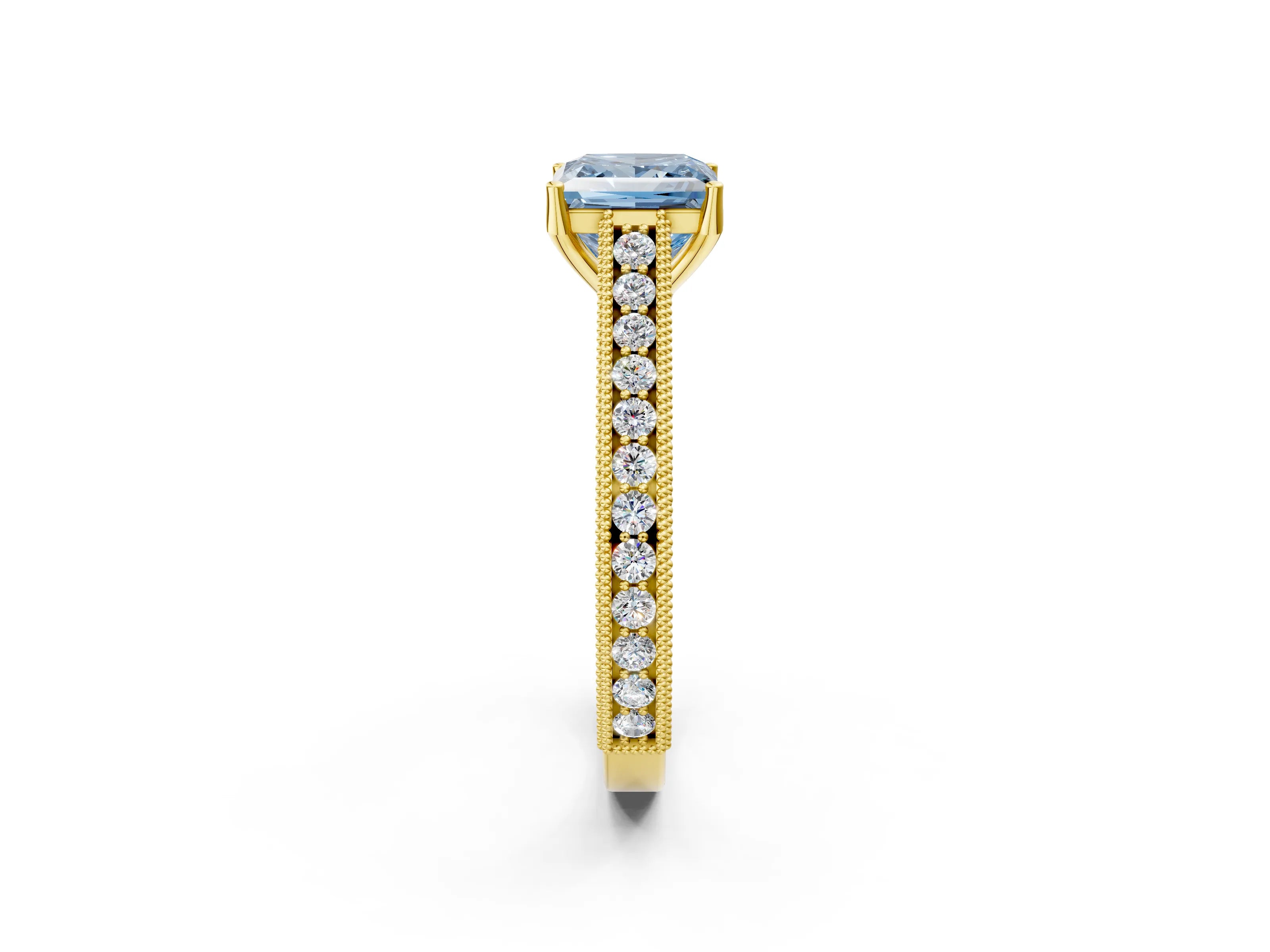 Yellow gold Fancy Blue Princess Cut Cut Pave Band Milgrain Solitaire Ring_2