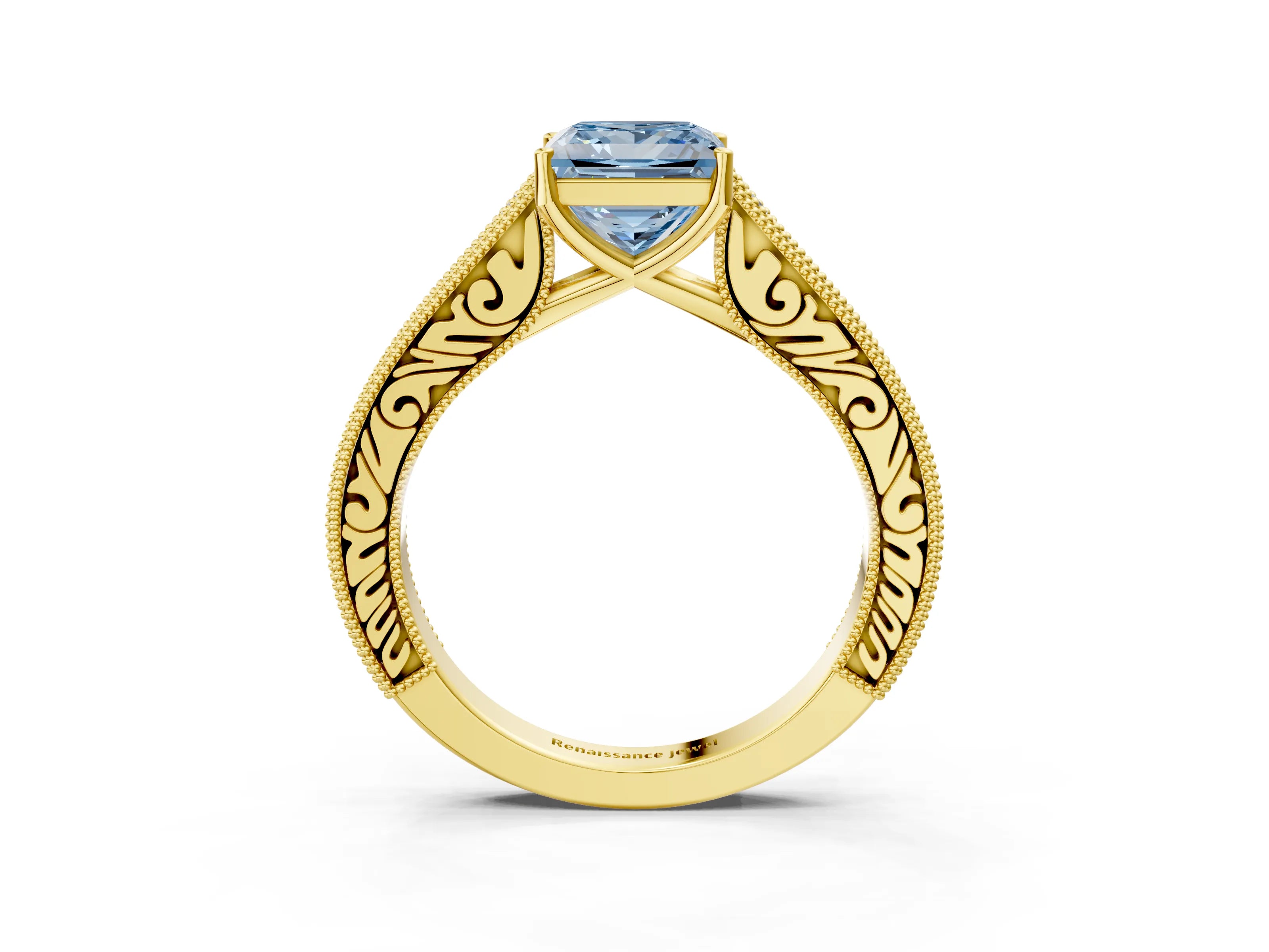 Yellow gold Fancy Blue Princess Cut Cut Pave Band Milgrain Solitaire Ring_3