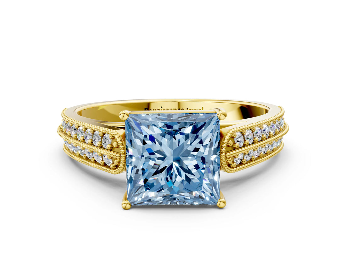 Yellow gold Fancy Blue Princess Cut Cut Pave Split Shank Engagement Ring with Four-Prong Setting