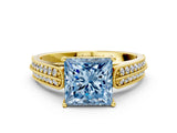 Yellow gold Fancy Blue Princess Cut Cut Pave Split Shank Engagement Ring with Four-Prong Setting
