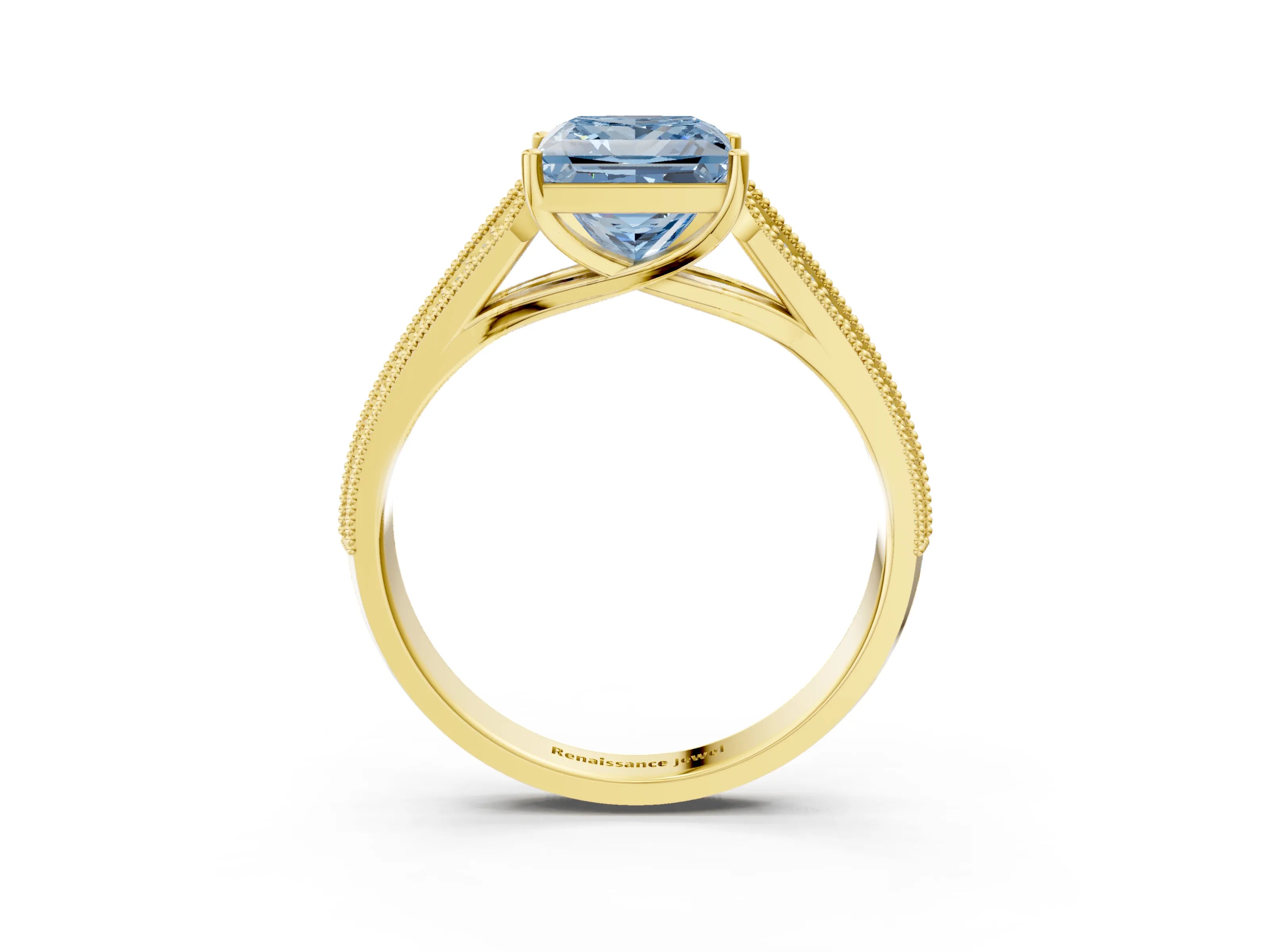 Yellow gold Fancy Blue Princess Cut Cut Pave Split Shank Engagement Ring with Four-Prong Setting_3