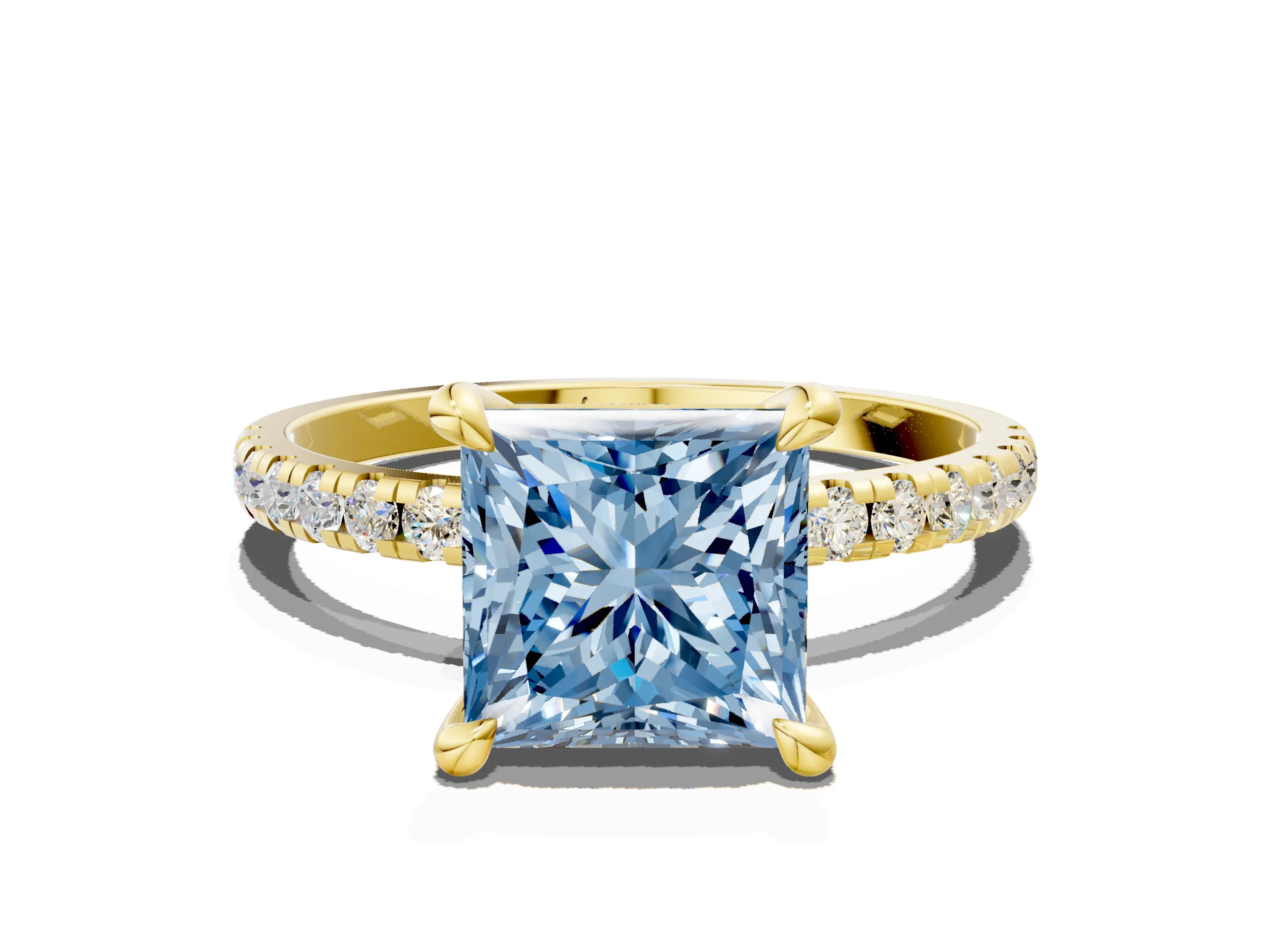 Yellow gold Fancy Blue Princess Cut Diamond Brilliant Solitaire Ring with Pavé Band and Four-Prong Setting