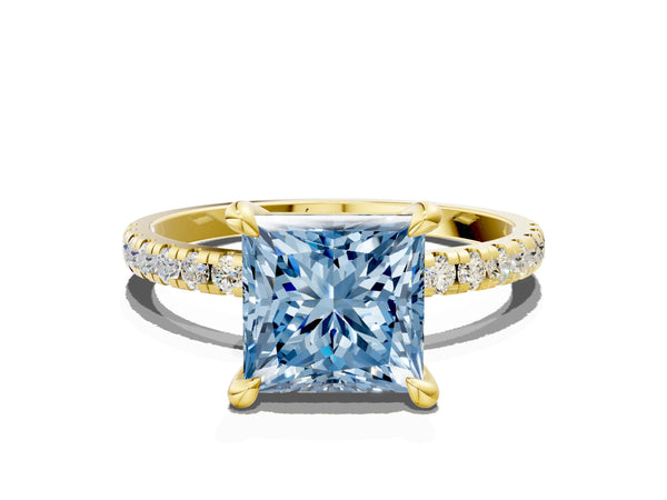 Yellow gold Fancy Blue Princess Cut Diamond Brilliant Solitaire Ring with Pavé Band and Four-Prong Setting