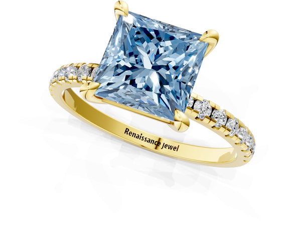 Yellow gold Fancy Blue Princess Cut Diamond Brilliant Solitaire Ring with Pavé Band and Four-Prong Setting