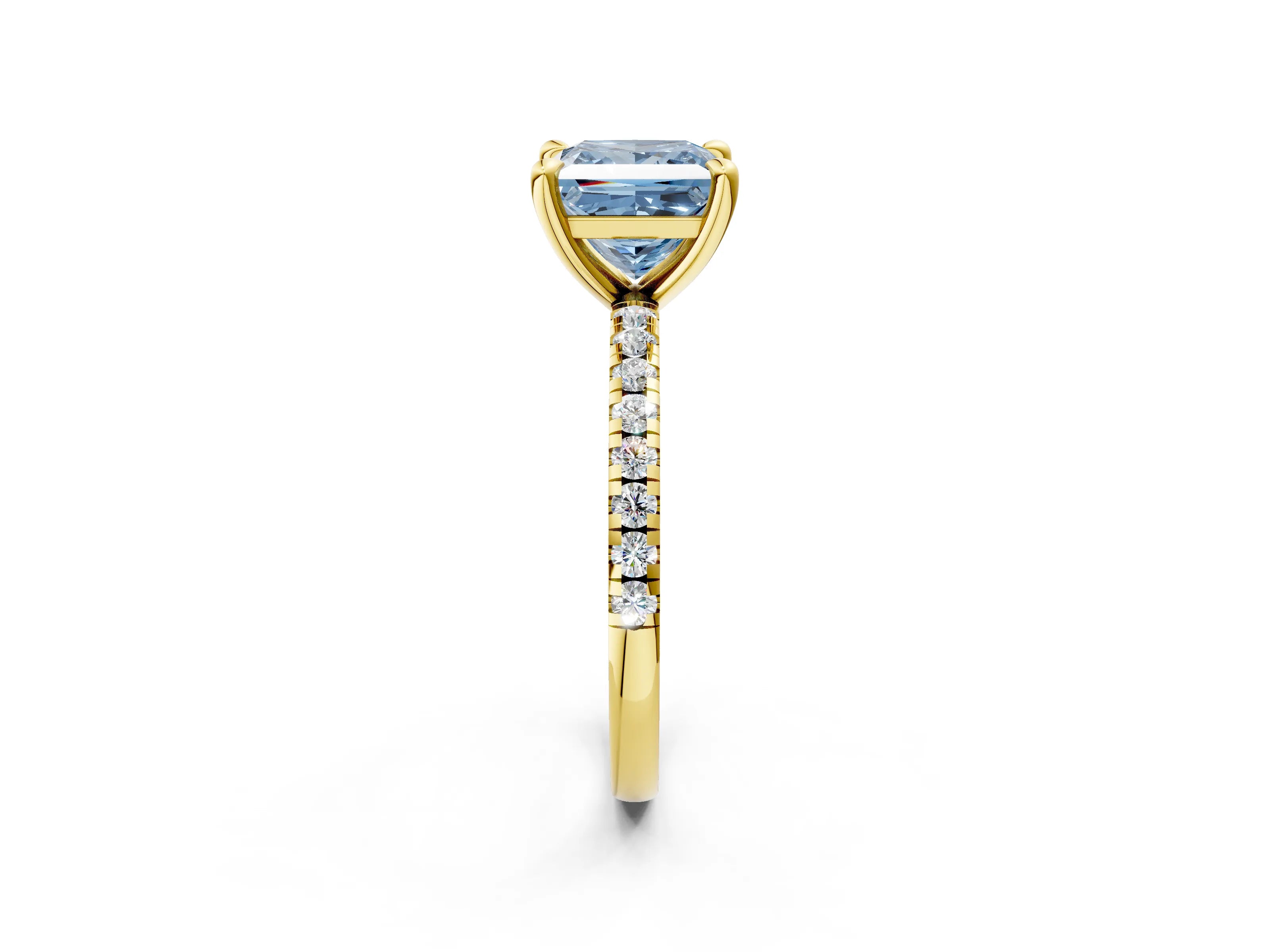 Yellow gold Fancy Blue Princess Cut Diamond Brilliant Solitaire Ring with Pavé Band and Four-Prong Setting_2