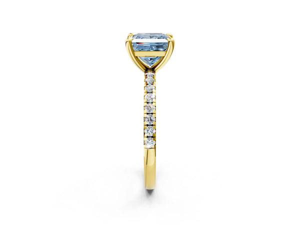 Yellow gold Fancy Blue Princess Cut Diamond Brilliant Solitaire Ring with Pavé Band and Four-Prong Setting