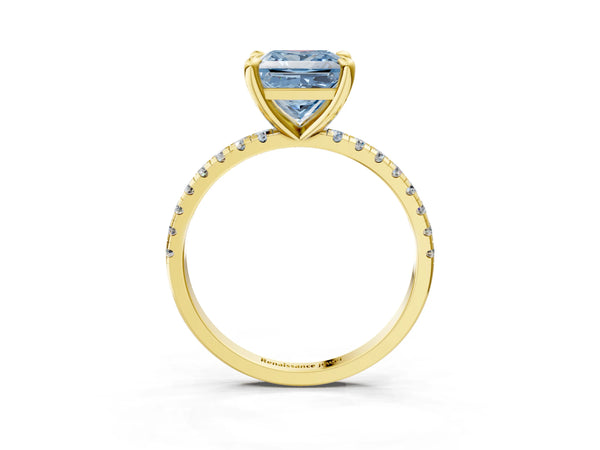 Yellow gold Fancy Blue Princess Cut Diamond Brilliant Solitaire Ring with Pavé Band and Four-Prong Setting