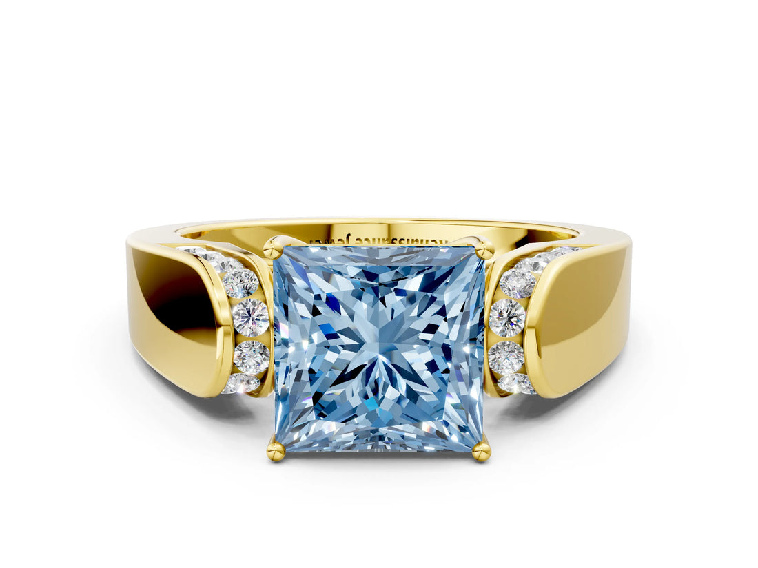 Yellow gold Fancy Blue Princess Cut Diamond Channel Set Solitaire Ring with Four-Prong Setting_12