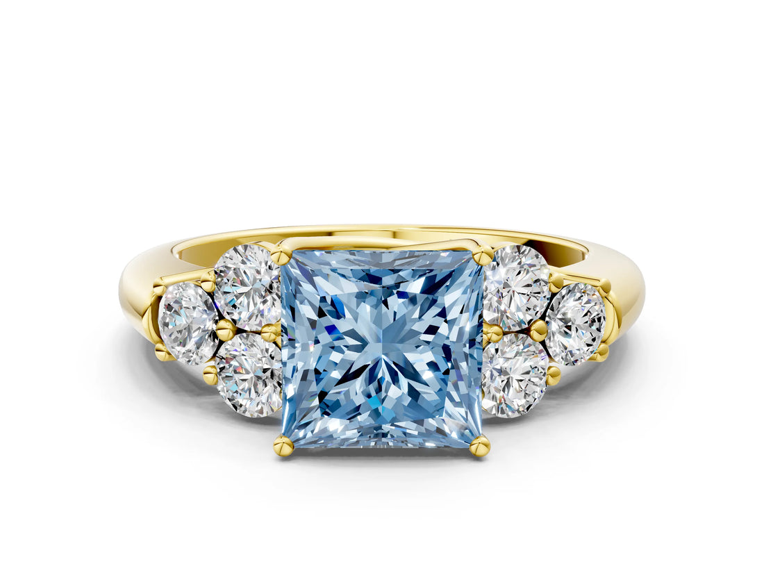 Yellow gold Fancy Blue Princess  Cut Diamond Cluster Ring with Round Accent Stones and Prong Setting on a Classic Band_49